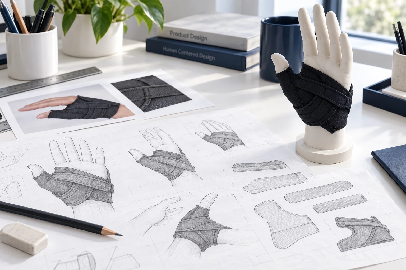 Concept scene of Comfort Cool CMC splint design sketches beside a mannequin hand wearing the short thumb splint