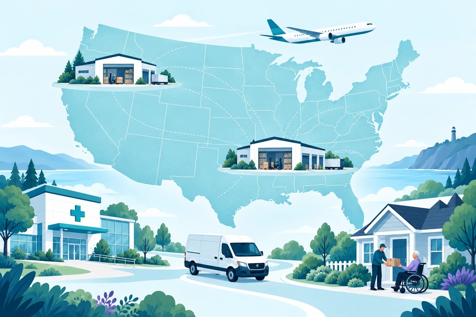 Illustrated U.S. distribution network with two warehouses, an airplane and delivery truck connecting care facilities and homes