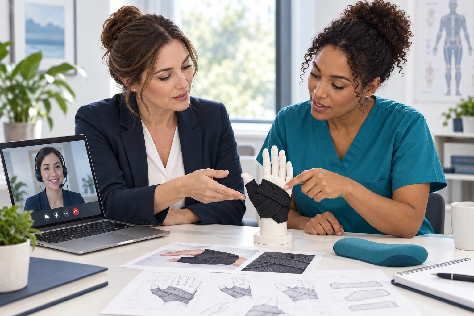 Photorealistic concept of an account manager and clinician reviewing a Comfort Cool CMC splint with customer service joining by video