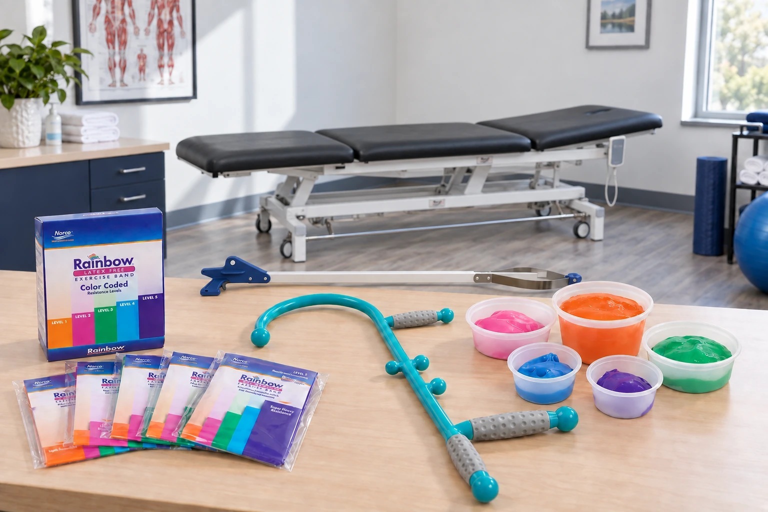 Concept scene featuring North Coast exercise bands, Norco Rainbow Putty, Body Tool and EZ Reacher with a full-length Norco hi-lo table in the background