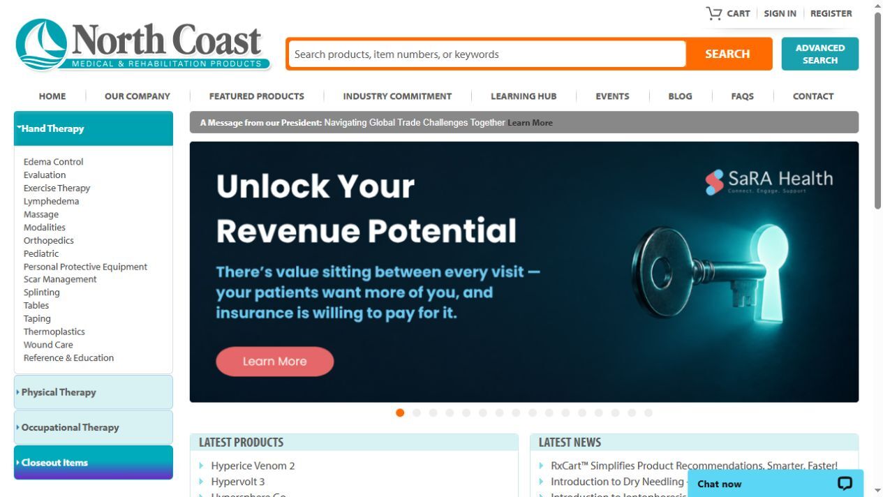 Actual North Coast Medical homepage with product search, therapy categories and featured products