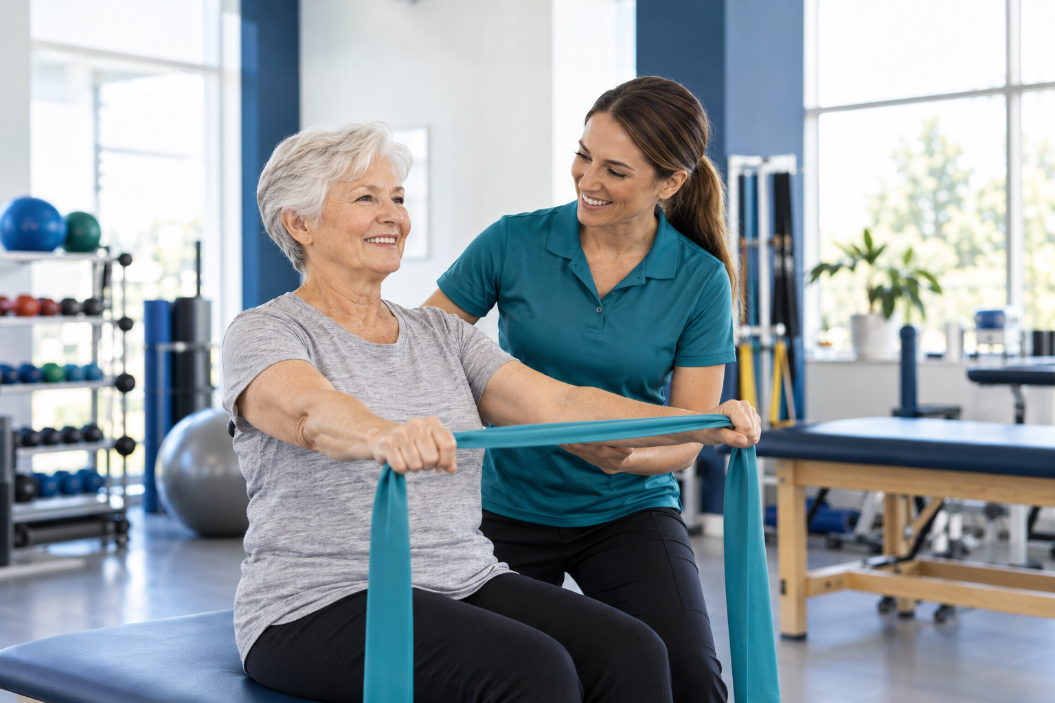Illustration of a clinician supporting a patient with rehabilitation exercise